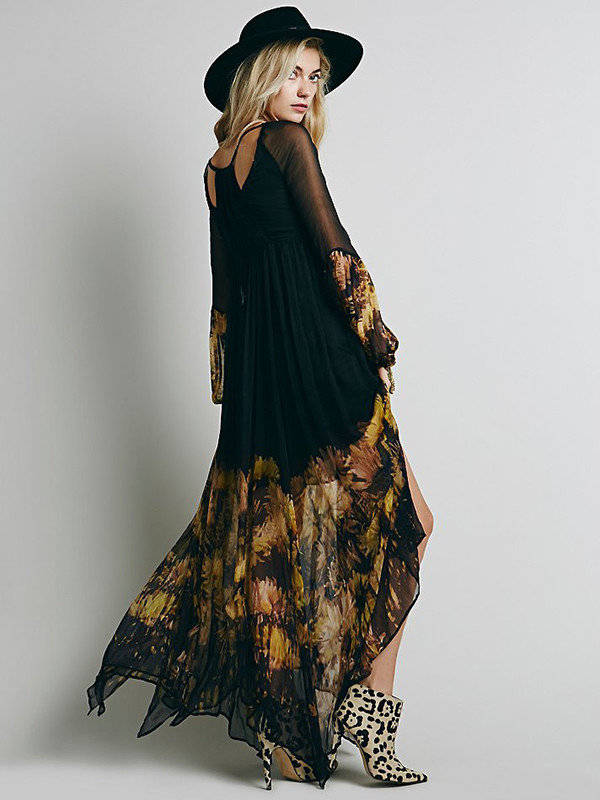 DRESSES/DRESS/MAXI DRESS/ELEGANT BLACK BOHEMIAN FLORAL CHIFFON MAXI DRESS