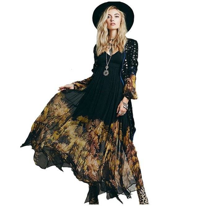 DRESSES/DRESS/MAXI DRESS/ELEGANT BLACK BOHEMIAN FLORAL CHIFFON MAXI DRESS
