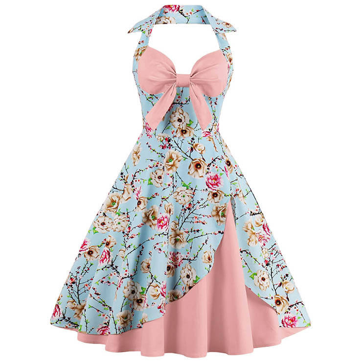 DRESSES/DRESS/ROCKABILLY DRESS/VINTAGE DRESS/PINK VINTAGE SWEETHEART FLORAL PRINT HALTER DRESS