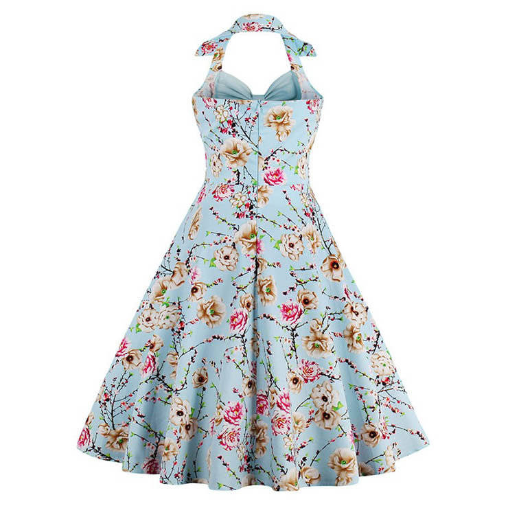 DRESSES/DRESS/ROCKABILLY DRESS/VINTAGE DRESS/SKY BLUE VINTAGE SWEETHEART FLORAL PRINT HALTER DRESS