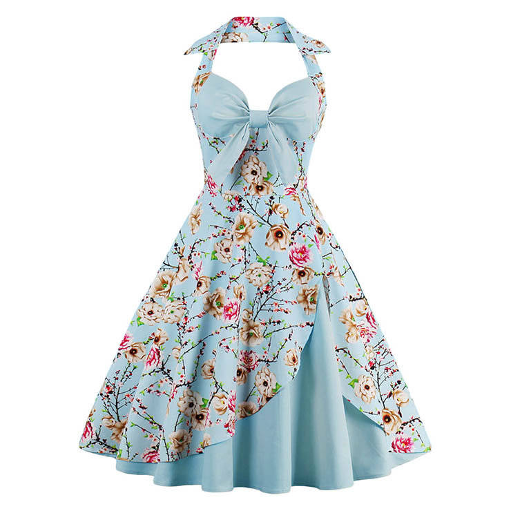 DRESSES/DRESS/ROCKABILLY DRESS/VINTAGE DRESS/SKY BLUE VINTAGE SWEETHEART FLORAL PRINT HALTER DRESS