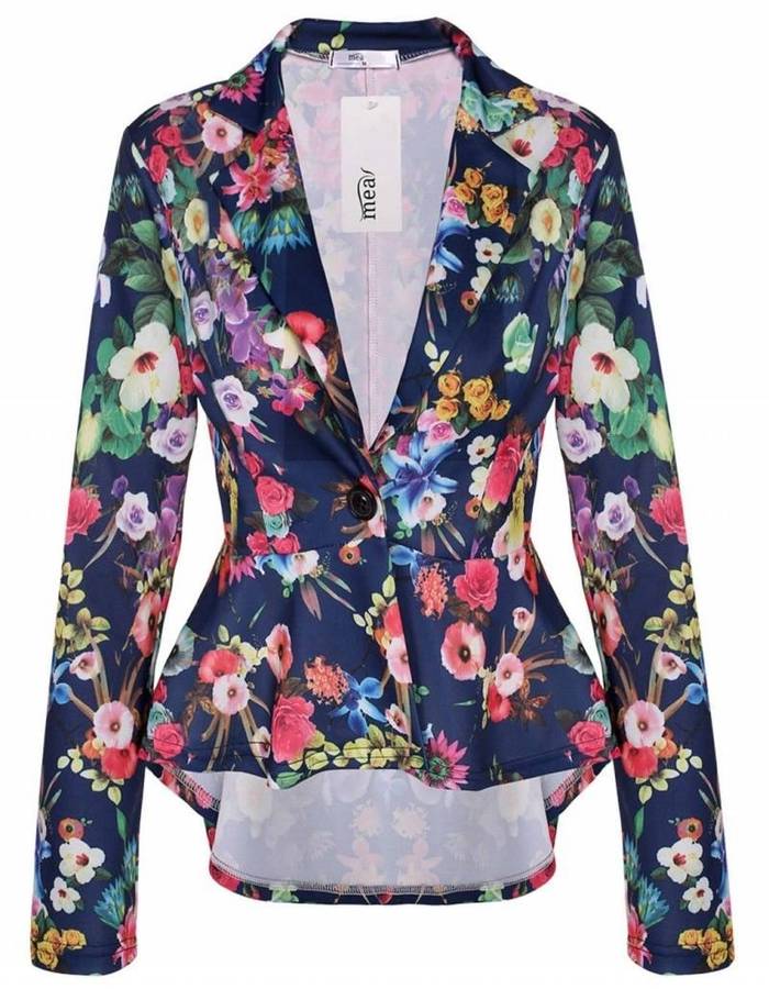 JACKETS/BLAZERS/WOMENS NOTCH LAPEL SINGLE BUTTON ASYMMETRICAL HEM FLORAL PEPLUM BLAZER JACKET