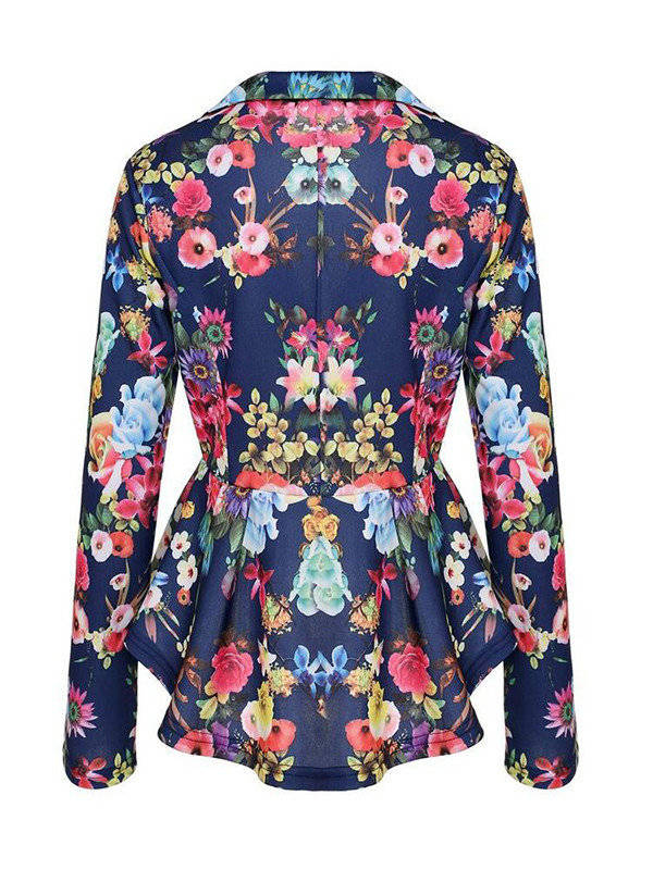 JACKETS/BLAZERS/WOMENS NOTCH LAPEL SINGLE BUTTON ASYMMETRICAL HEM FLORAL PEPLUM BLAZER JACKET