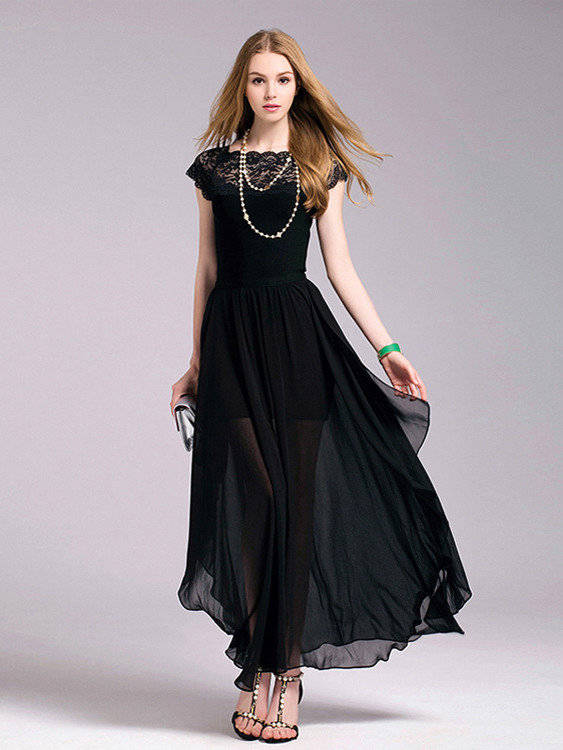 DRESSES/DRESS/CHIFFON DRESS/BLACK ASYMMETRICAL HEM LACE AND CHIFFON LONG EVENING MAXI DRESS