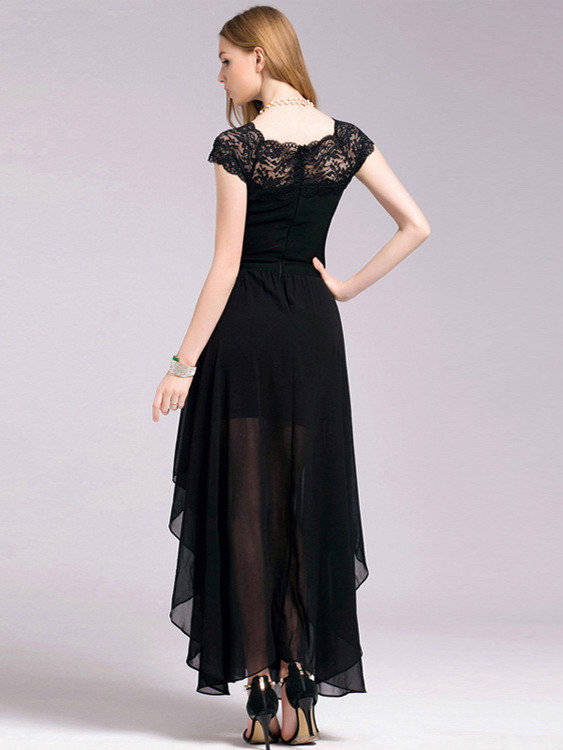 DRESSES/DRESS/CHIFFON DRESS/BLACK ASYMMETRICAL HEM LACE AND CHIFFON LONG EVENING MAXI DRESS