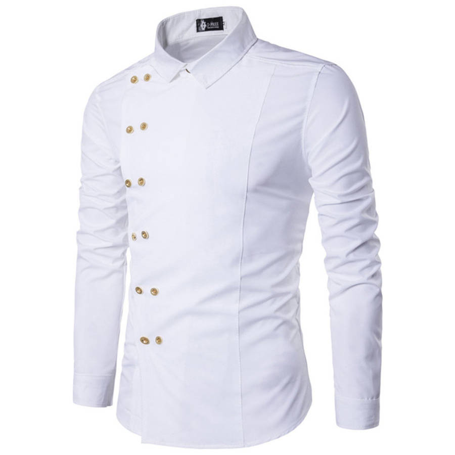 SHIRTS/MENS SHIRTS/LONG SLEEVE SHIRTS/FORMAL SHIRTS/WHITE DOUBLE BREASTED TURNDOWN COLLAR MENS SHIRT