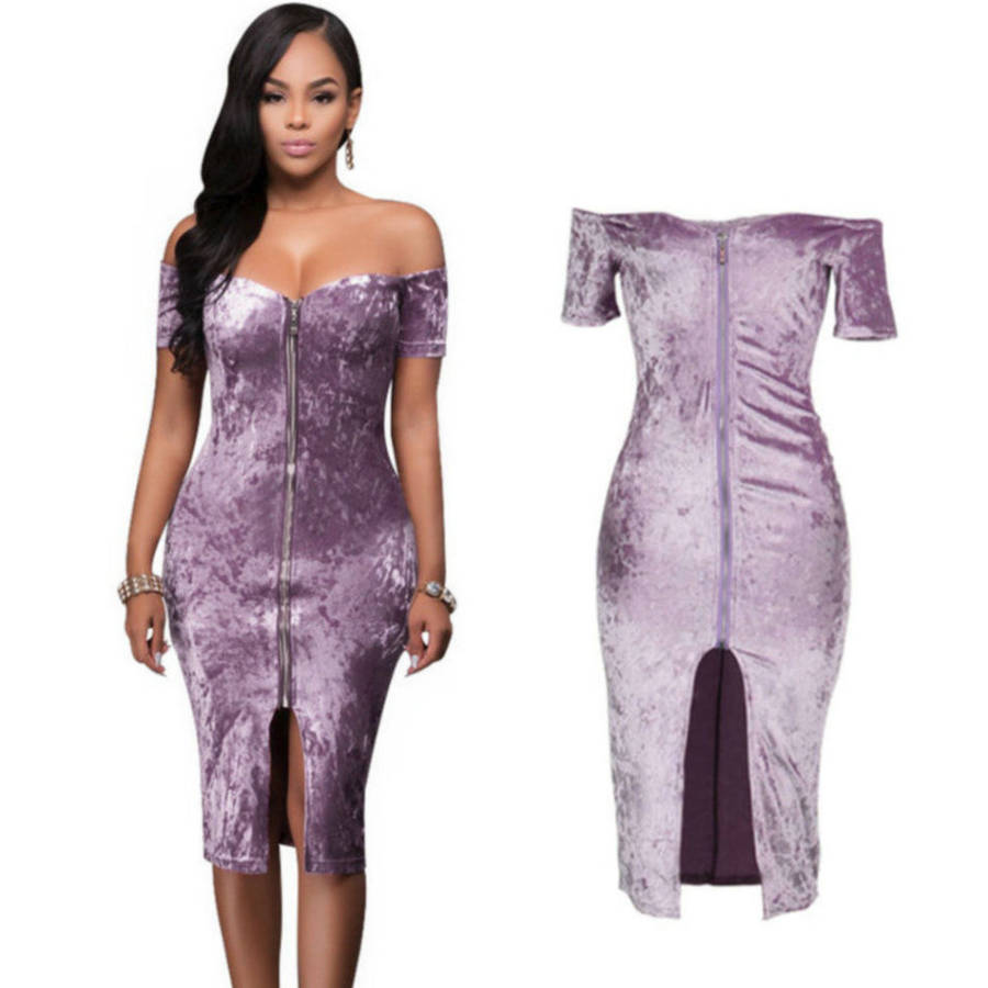 DRESSES/DRESS/BODYCON DRESS/PURPLE DRESS/VELVET DRESS/OFF SHOULDER DRESS/ZIPPER FRONT DRESS