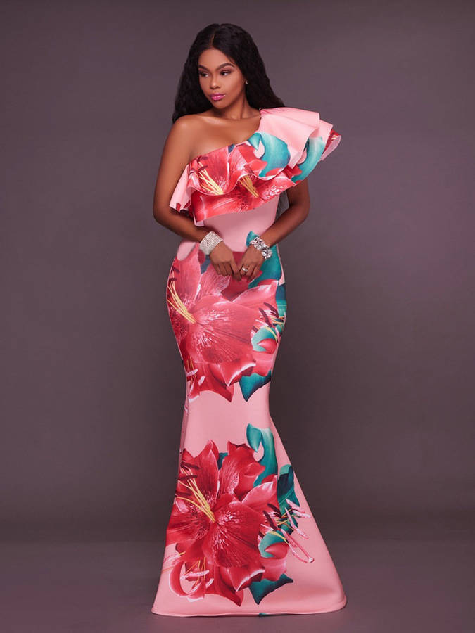 DRESSES/DRESS/WOMENS MAXI DRESS/PINK BOLD FLORAL ONE SHOULDER RUFFLE MAXI DRESS