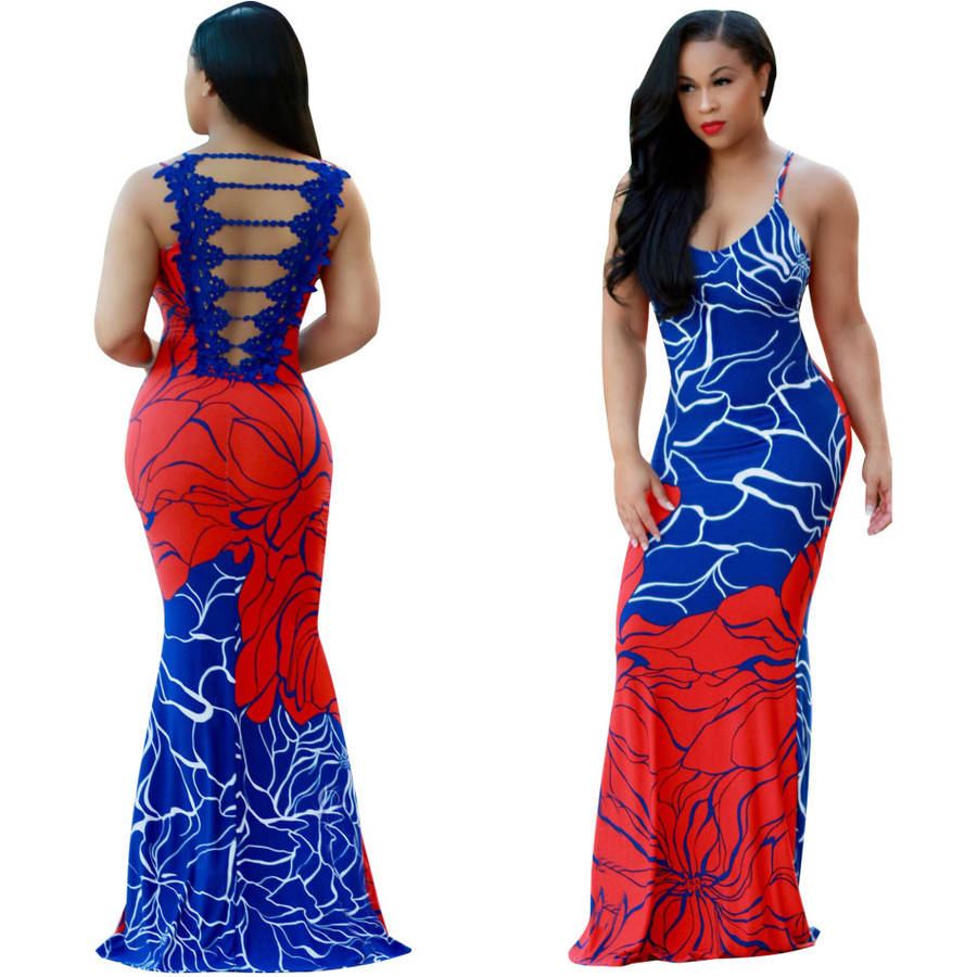 DRESSES/DRESS/MAXI DRESSES/RED BLUE MAXI DRESS/VINTAGE PRINT MAXI DRESS/BACK DECOR MAXI DRESSES