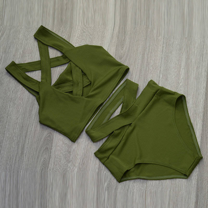 SWIMSUIT/BIKINI SWIMSUIT/HIGH WAIST SWIMSUIT/GREEN HIGH WAIST TWO PIECE CRISSCROSS BIKINI SET