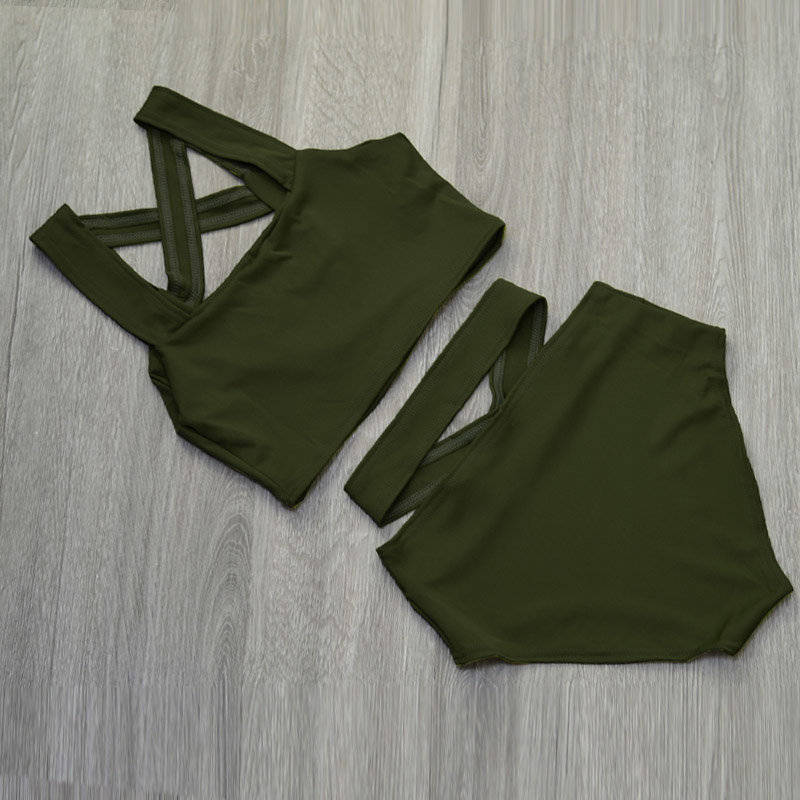 SWIMSUIT/BIKINI SWIMSUIT/HIGH WAIST SWIMSUIT/GREEN HIGH WAIST TWO PIECE CRISSCROSS BIKINI SET