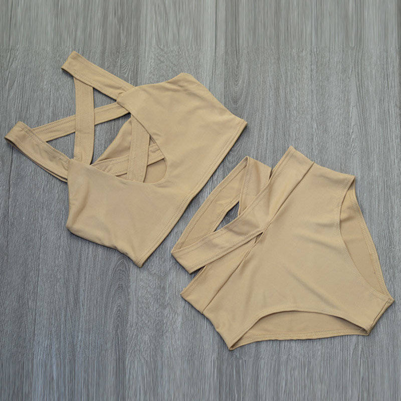 SWIMSUIT/BIKINI SWIMSUIT/HIGH WAIST SWIMSUIT/NUDE HIGH WAIST TWO PIECE CRISSCROSS BIKINI SET