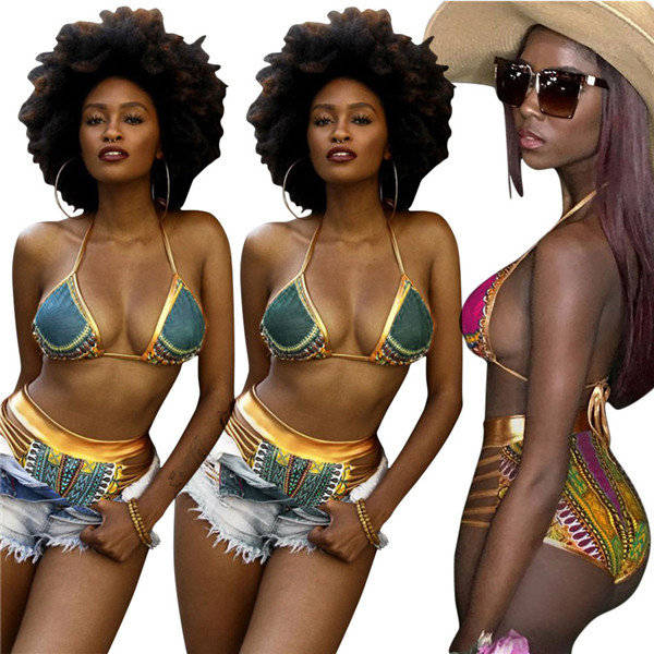 High waist green african print strappy bikini set