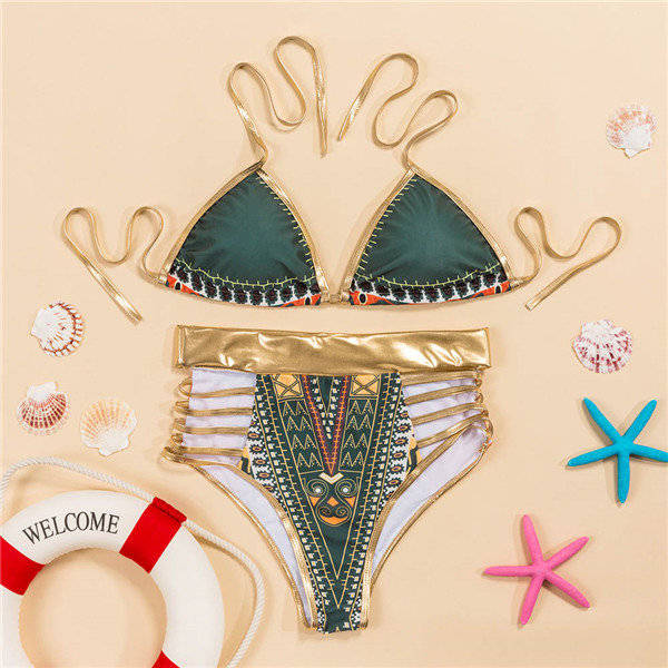 High waist green african print strappy bikini set