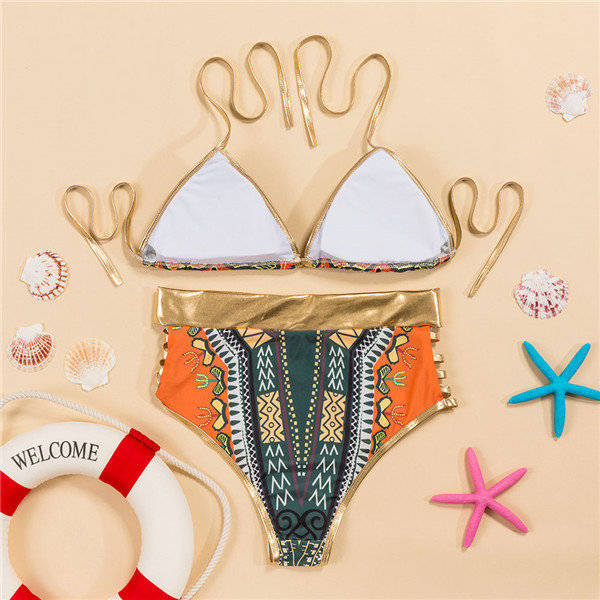 High waist green african print strappy bikini set