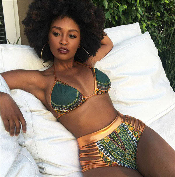 High waist green african print strappy bikini set