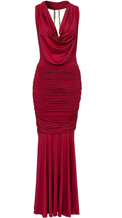 EVENING DRESS/EVENING DRESSES/WINE RED DRAPED CHAIN EVENING DRESS