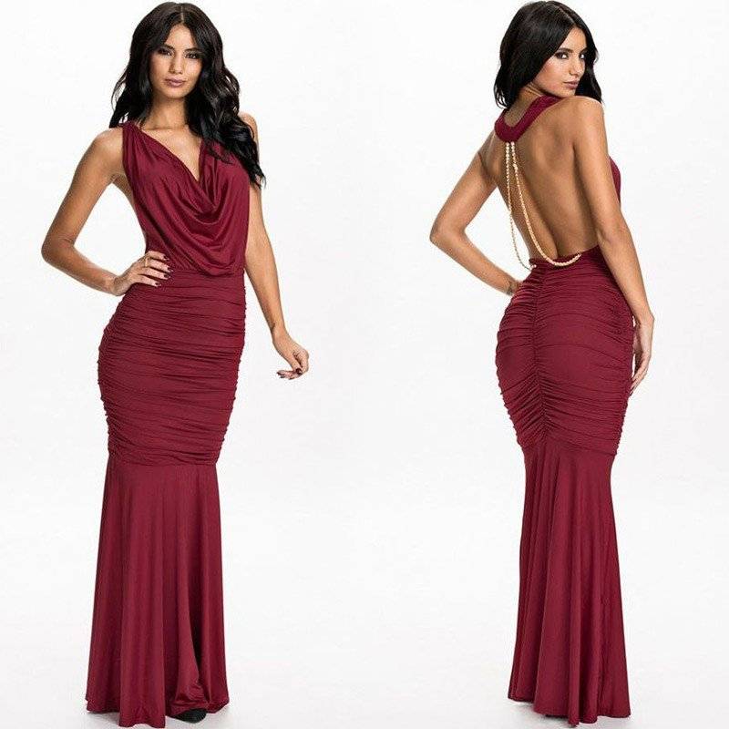 EVENING DRESS/EVENING DRESSES/WINE RED DRAPED CHAIN EVENING DRESS