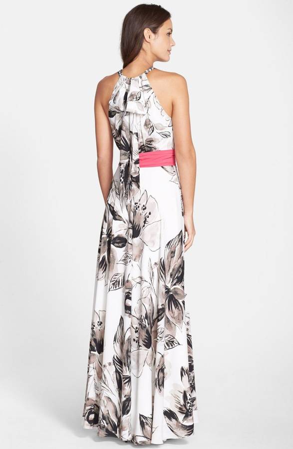 DRESSES/DRESS/SUMMER DRESS/MAXI DRESS/GREY AND WHITE FLORAL PRINT HALTER  MAXI DRESS