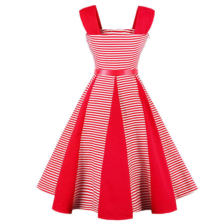 DRESSES/DRESS/ROCKABILLY DRESS/VINTAGE DRESS/VINTAGE RED AND WHITE STRIPED BELTED SWING DRESS