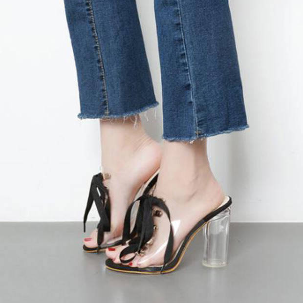 SHOES/WOMEN'S SHOES/SANDAL SHOES/BLACK SANDAL SHOES/CHUNKY CRYSTAL HEEL SANDALS/LACE UP SANDALS