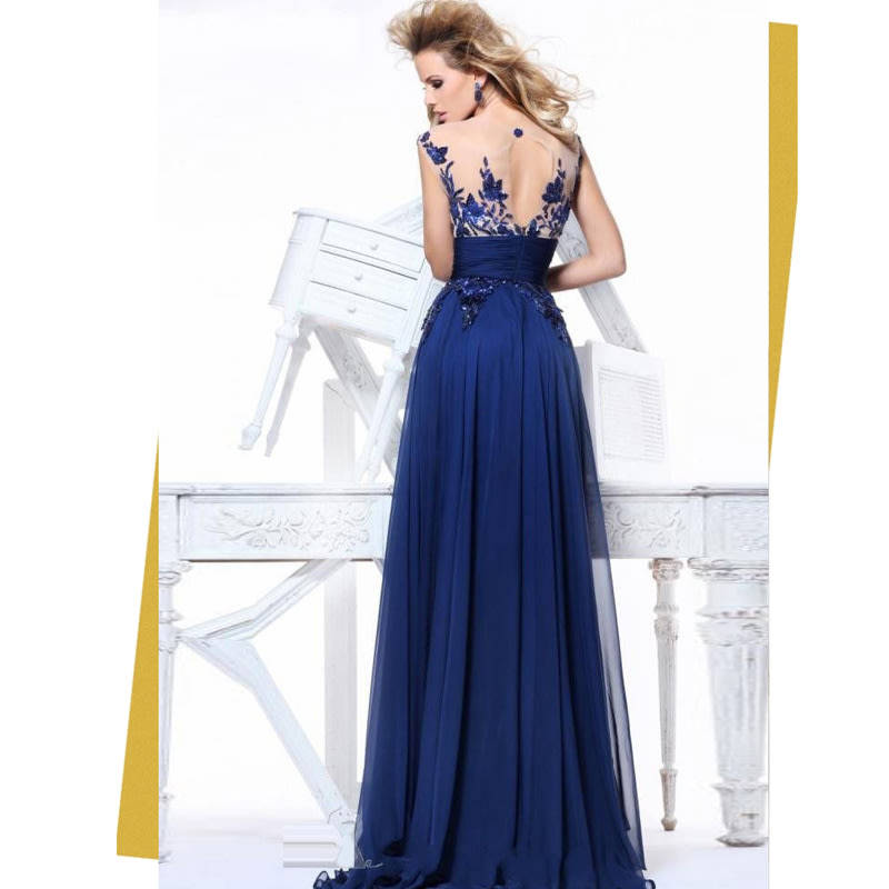 EVENING DRESSES/EVENING DRESS/BLUE EVENING DRESS/CHIFFON EVENING DRESS/LACE APPLIQUE EVENING DRESS