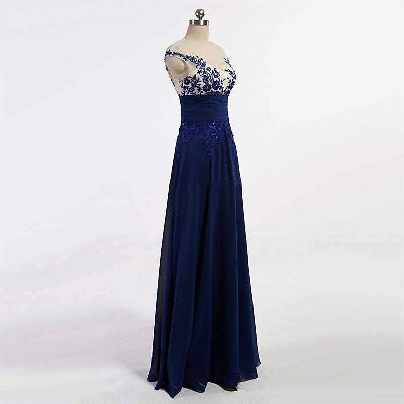 EVENING DRESSES/EVENING DRESS/BLUE EVENING DRESS/CHIFFON EVENING DRESS/LACE APPLIQUE EVENING DRESS