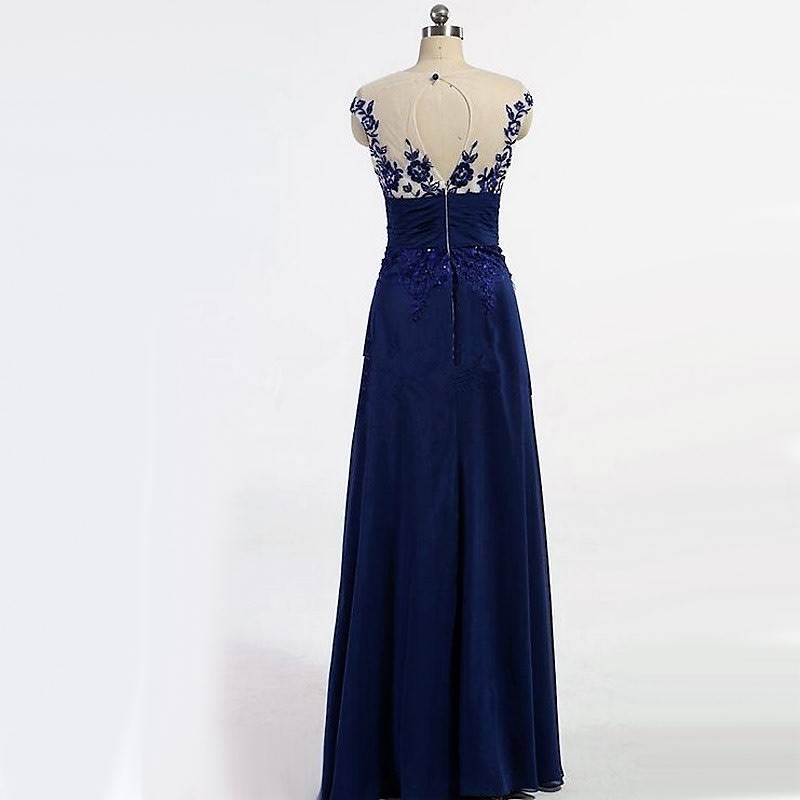 EVENING DRESSES/EVENING DRESS/BLUE EVENING DRESS/CHIFFON EVENING DRESS/LACE APPLIQUE EVENING DRESS