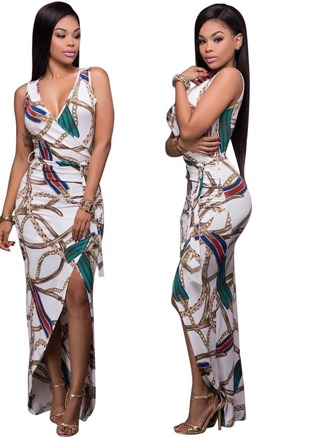 DRESS/CHAIN PRINT MAXI DRESS/MAXI DRESS/FAUX WRAP MAXI DRESS/SLEEVELESS MAXI DRESS/WHITE MAXI DRESS