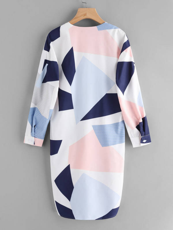 TOPS/WOMENS BLOUSE/LONG BLOUSE/PINK BLUE BLOUSE/COLOR BLOCK BLOUSE/CASUAL BLOUSE/PRINTED BLOUSE