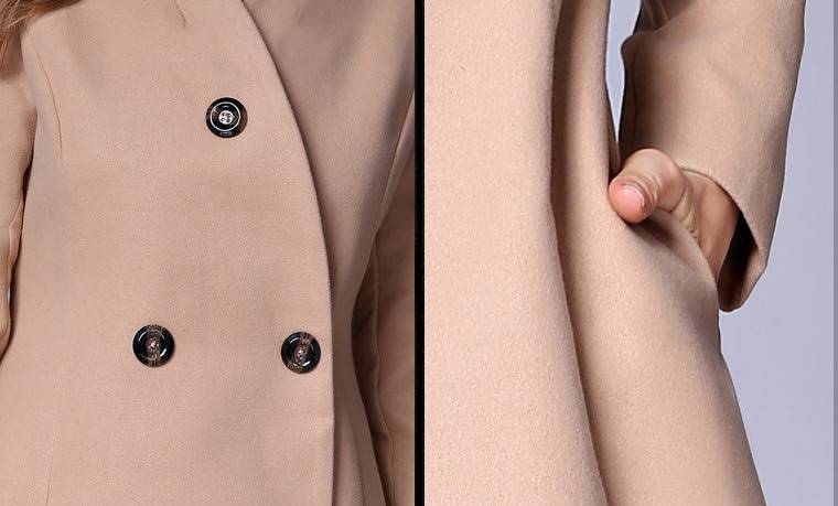 Women Camel Double Breasted Solid Long Sleeve Winter Woollen Coat