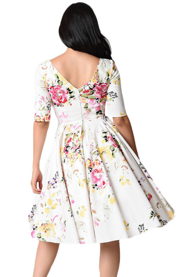 White Swing Floral Printed Vintage Dresses