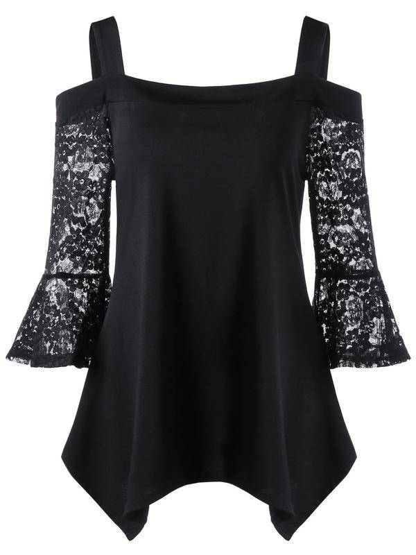 TOPS/LADIES TOP/LACE BLOUSE/BLACK BLOUSE/COLD SHOULDER BLOUSE/ASYMMETRIC TOP/BELL SLEEVE TOP