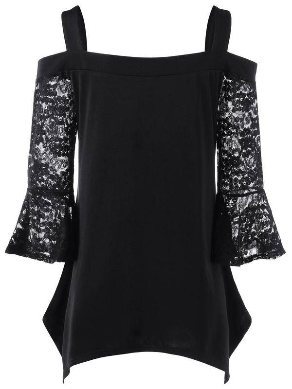 TOPS/LADIES TOP/LACE BLOUSE/BLACK BLOUSE/COLD SHOULDER BLOUSE/ASYMMETRIC TOP/BELL SLEEVE TOP