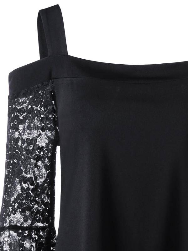 TOPS/LADIES TOP/LACE BLOUSE/BLACK BLOUSE/COLD SHOULDER BLOUSE/ASYMMETRIC TOP/BELL SLEEVE TOP