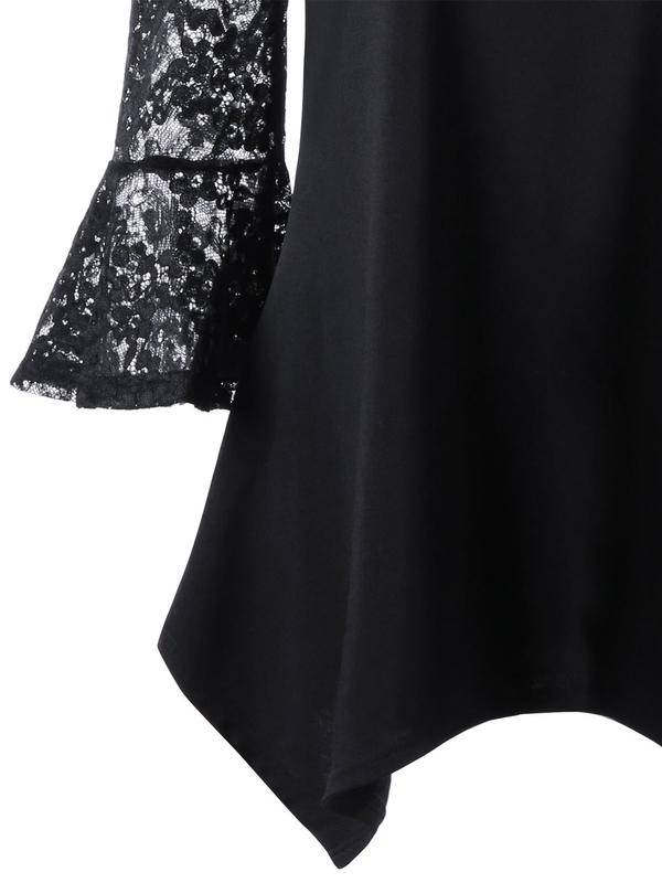 TOPS/LADIES TOP/LACE BLOUSE/BLACK BLOUSE/COLD SHOULDER BLOUSE/ASYMMETRIC TOP/BELL SLEEVE TOP