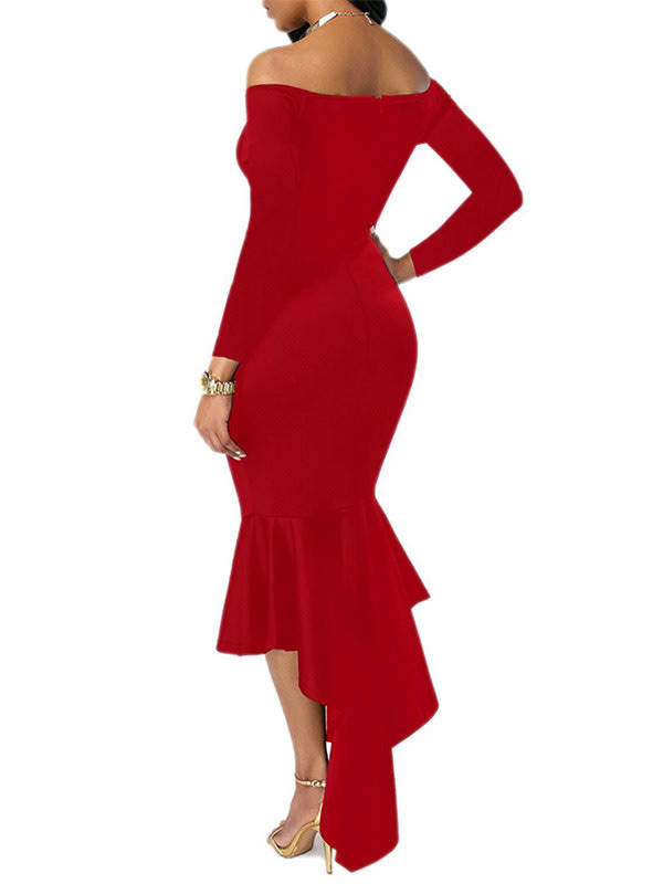 DRESSES/DRESS/MIDI DRESS/PARTY DRESS/RED DRESS/OFF SHOULDER DRESS/LONG SLEEVE DRESS/FORMAL DRESS
