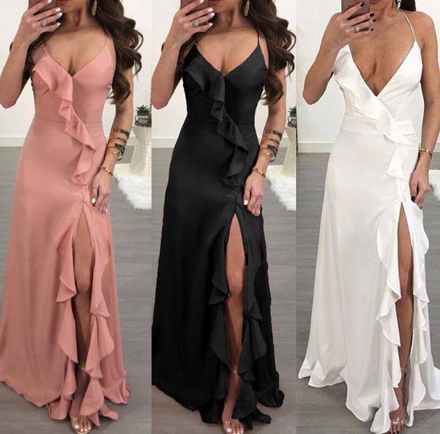 Black Ruffle Strappy Party Maxi Dresses