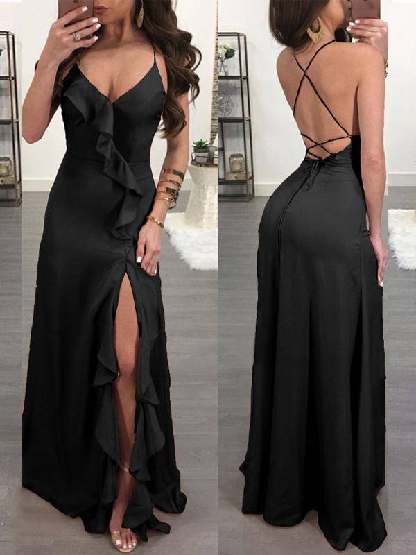 Black Ruffle Strappy Party Maxi Dresses