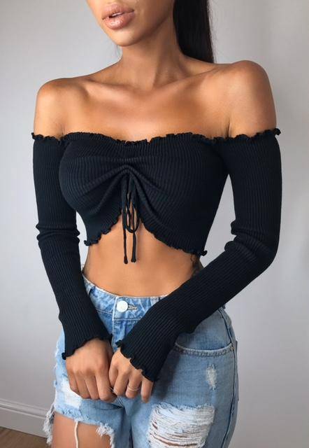 Black sexy long sleeve drawstring crop top open shoulder ladies tops