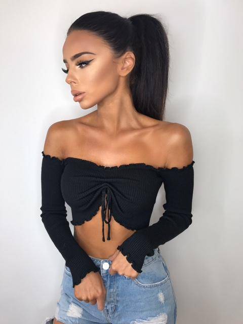 Black sexy long sleeve drawstring crop top open shoulder ladies tops