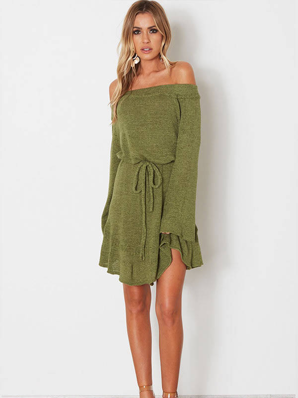 Green Off Shoulder Long Flare Sleeve Ruffle Hem Casual Knitted Mini Dress