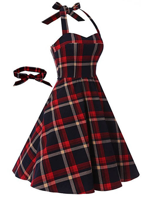 Vintage Sweetheart Neckline Halter Backless Red Plaid Knee-Length Cocktail Party Swing Dresses