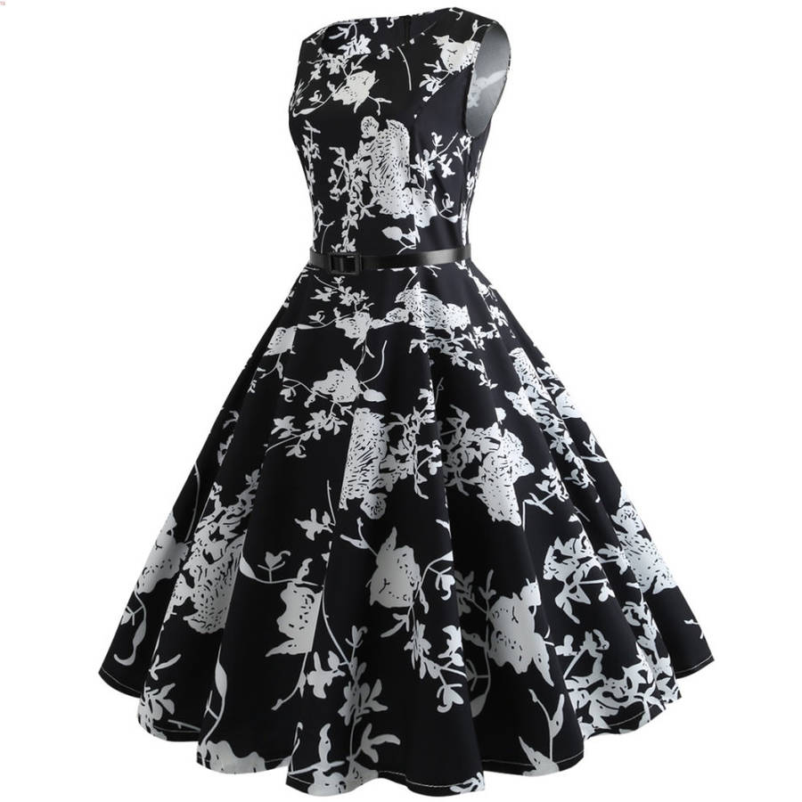 Vintage High Waist Sleeveless Black Floral Print Belted Cocktail Party Swing Dress