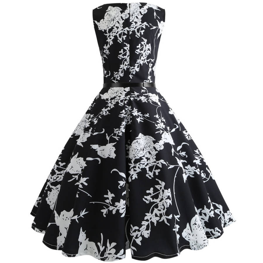Vintage High Waist Sleeveless Black Floral Print Belted Cocktail Party Swing Dress