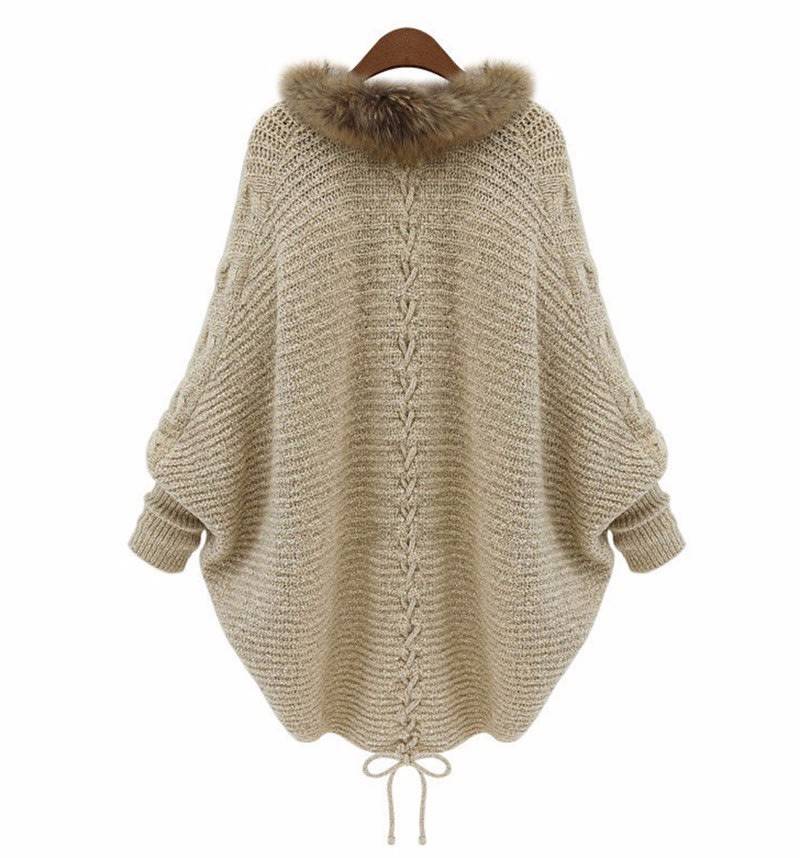 Women Warm Thick Winter Poncho Bat Sleeve Fur Collar Wool Sweater Knitted Long Cardigan