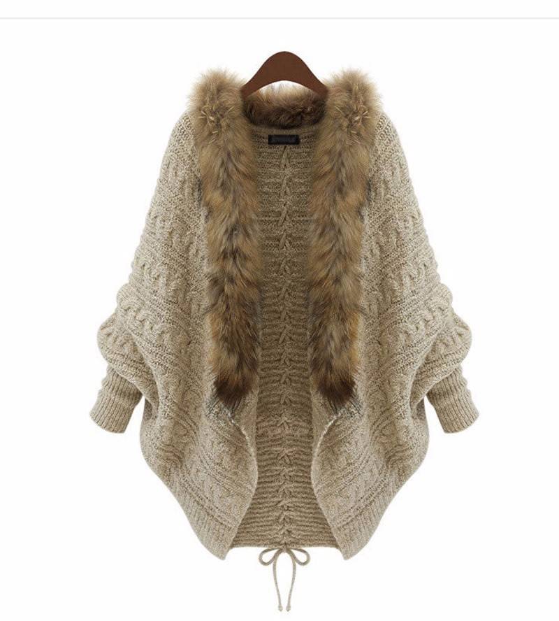 Women Warm Thick Winter Poncho Bat Sleeve Fur Collar Wool Sweater Knitted Long Cardigan