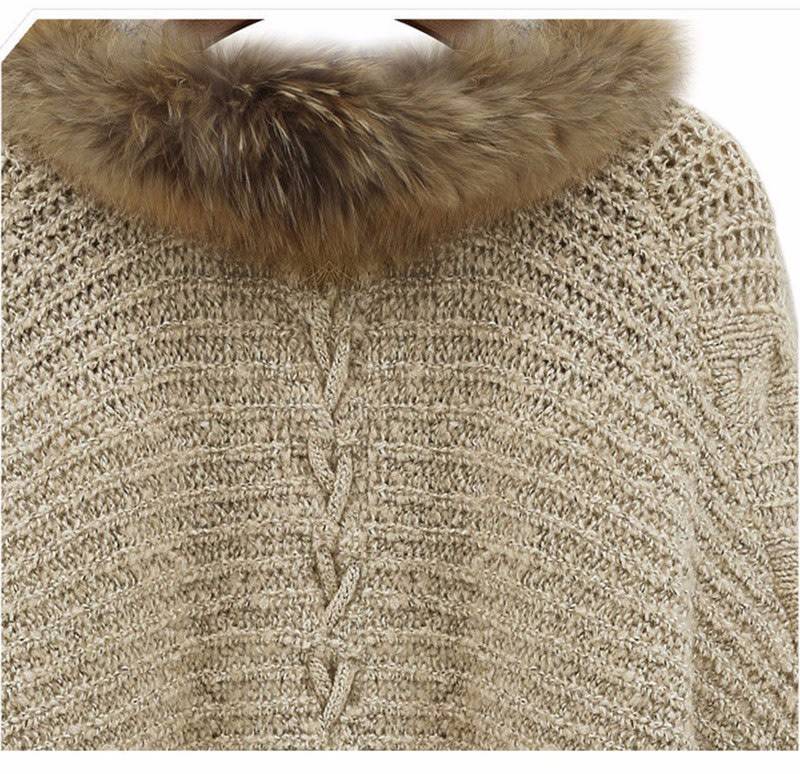 Women Warm Thick Winter Poncho Bat Sleeve Fur Collar Wool Sweater Knitted Long Cardigan
