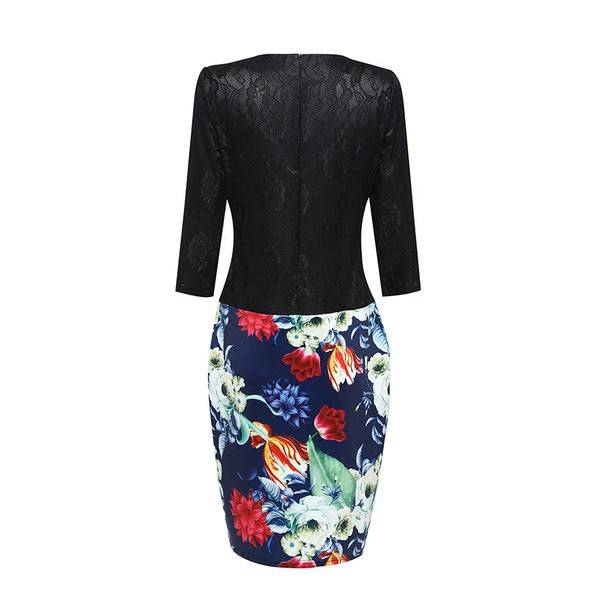Blue Long Sleeve Floral Print Formal Office Dress - S/M/L/XL