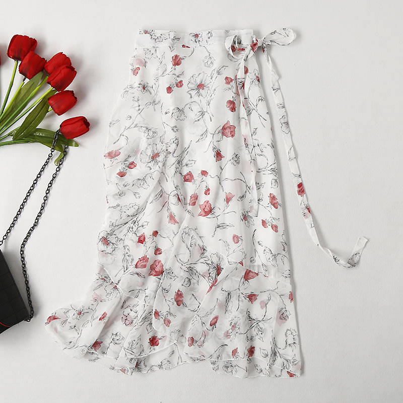 White Floral Print Asymmetric High Waist Fishtail Chiffon Self Wrap Skirt
